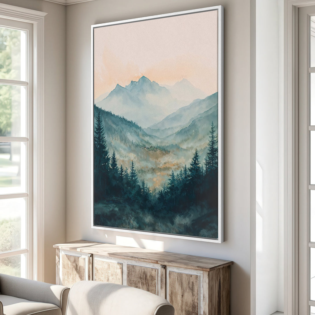 Framed Wall Art: Watercolor mountain landscape Canvas Print in teal and beige tones, perfect for adding a touch of nature to your home decor.