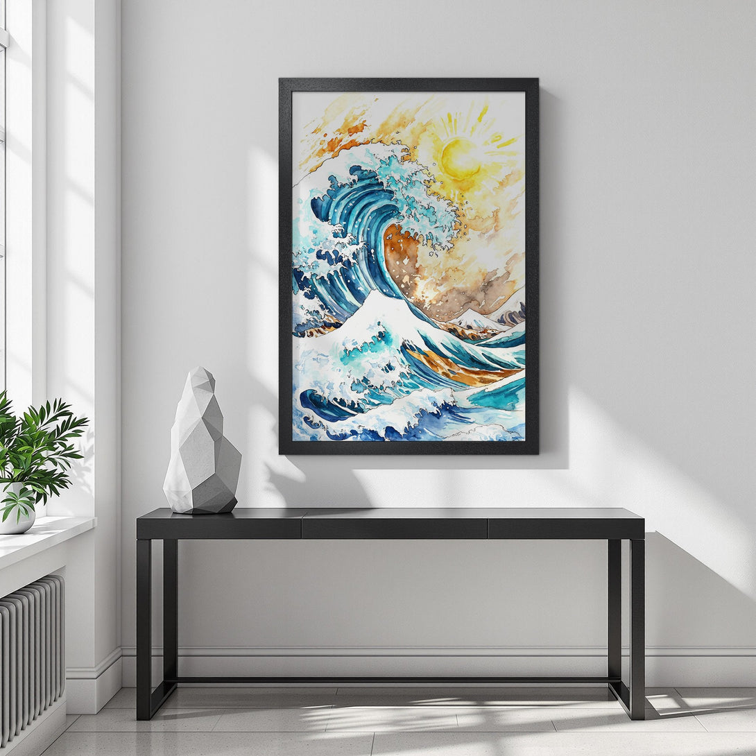 Framed Poster of a watercolor wave scene in blue, gold, and orange. Add a touch of art to your home!
