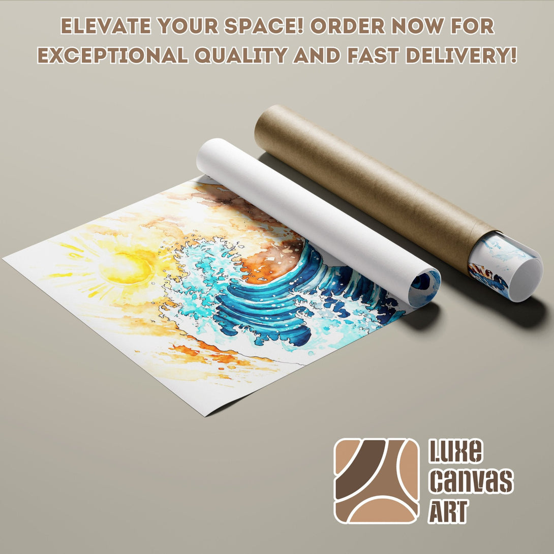 Poster Roll featuring a watercolor wave art print, vibrant blues, yellows, and oranges. Elevate your space!