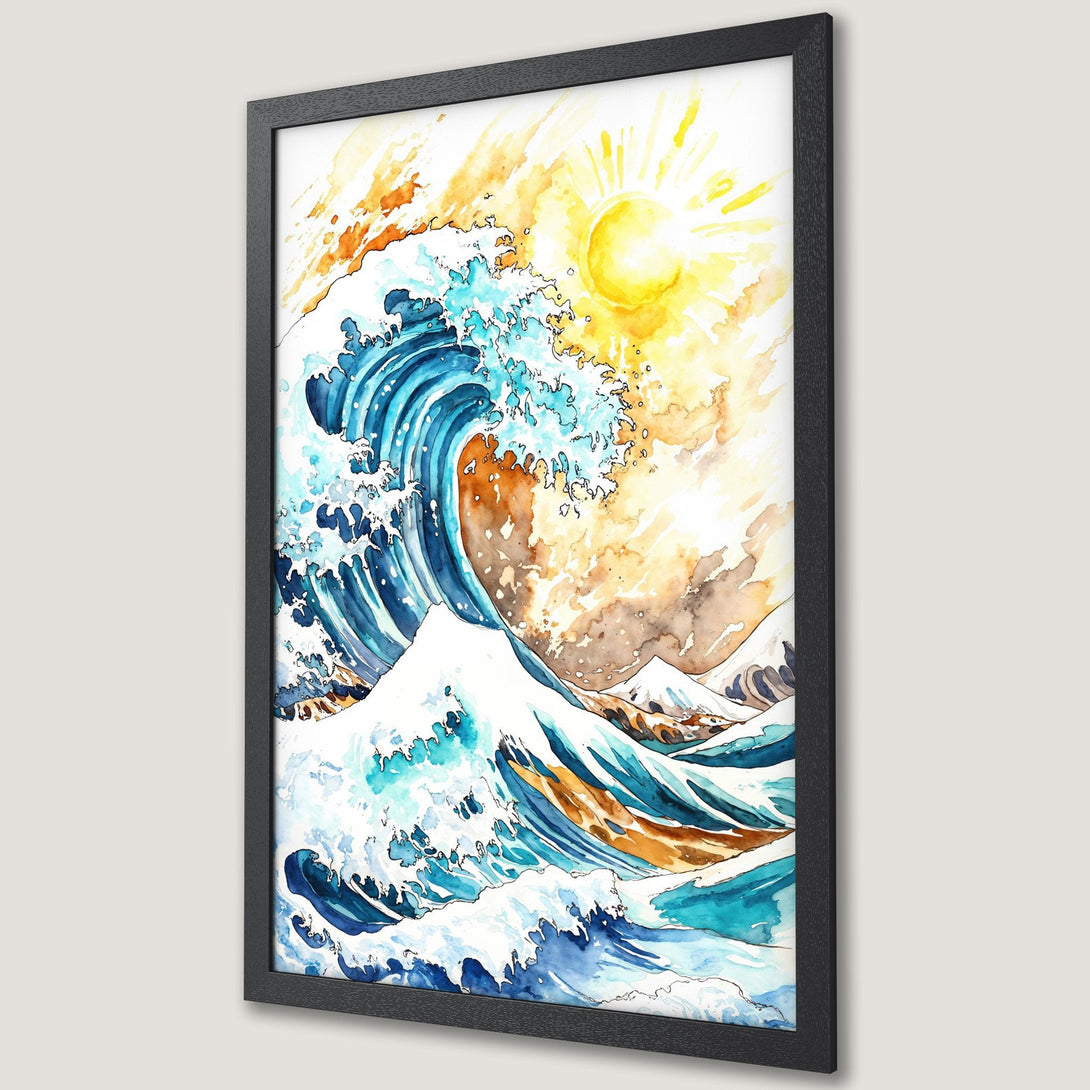 Framed Poster featuring a watercolor wave with a sun in a vibrant blue, orange, and yellow color palette. Perfect wall art for your home!
