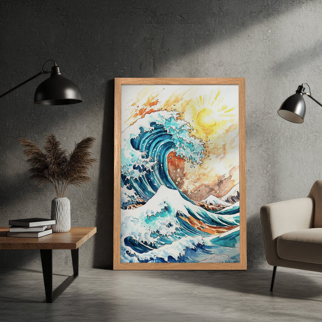 Framed Poster featuring a watercolor wave art print. Coastal decor in blue, orange, and yellow tones. Add a touch of serenity to your space!