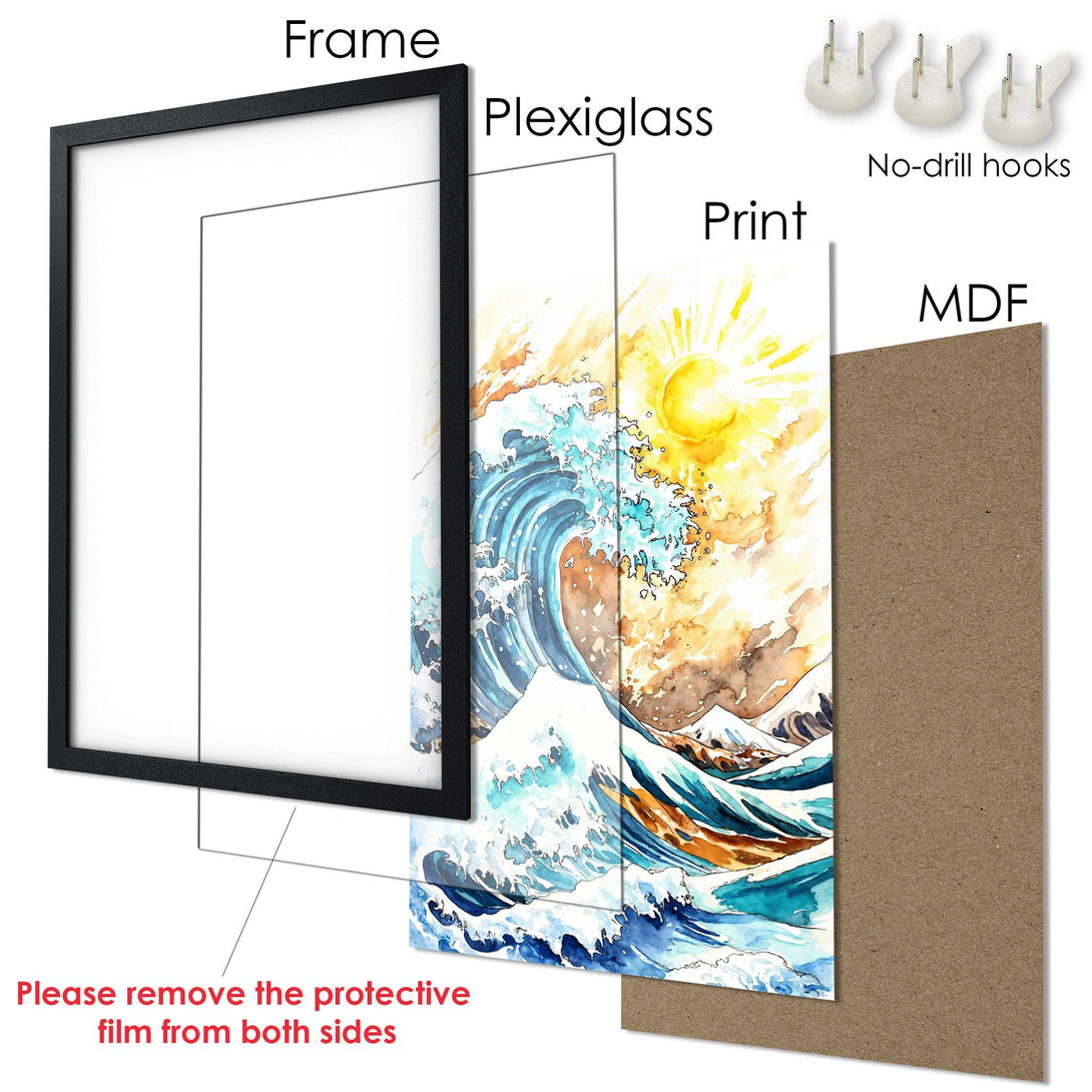 Framed Poster: Watercolor wave art print in blue, yellow, and brown. Ready to hang! Add coastal vibes to your home.