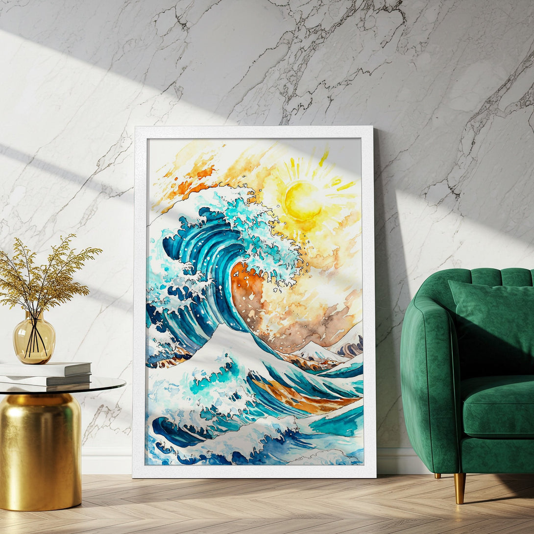 Framed Poster featuring a watercolor wave design in blue, teal, and yellow. Perfect wall art for a coastal vibe!