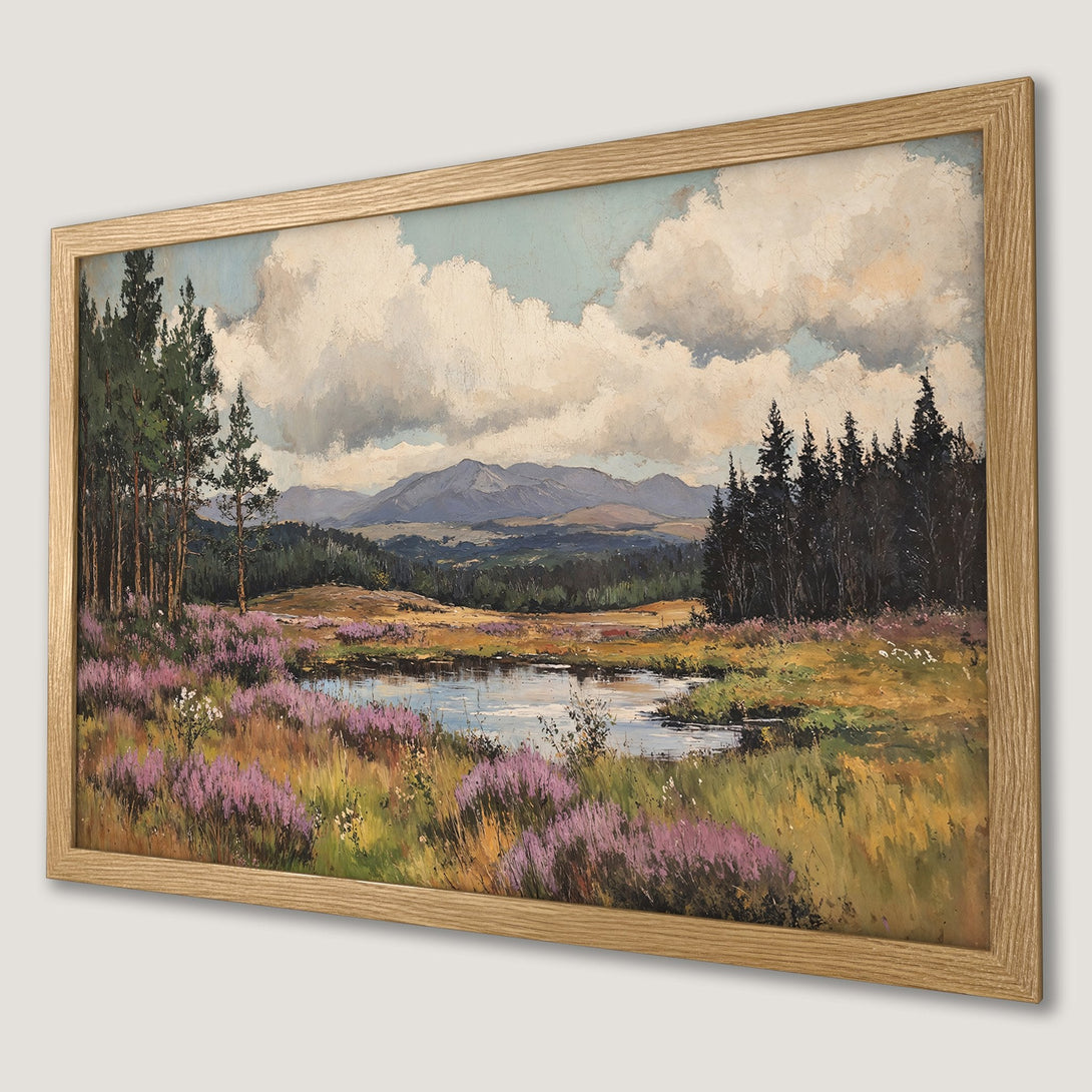 Framed Poster of a serene landscape painting, featuring a lake, mountains, and a vibrant purple, green, and blue color palette.