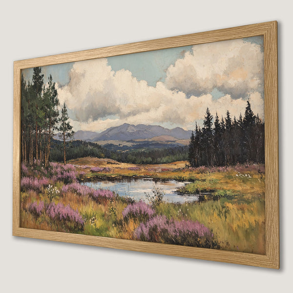 Framed Poster of a serene landscape painting, featuring a lake, mountains, and a vibrant purple, green, and blue color palette.