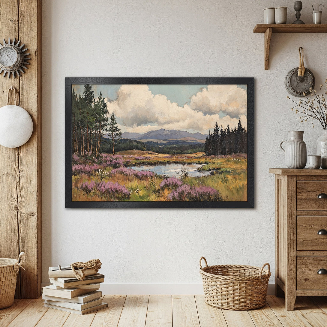 Framed Poster of a landscape painting, featuring a lake and mountains. Vintage style, warm color palette. Perfect wall art for any room.