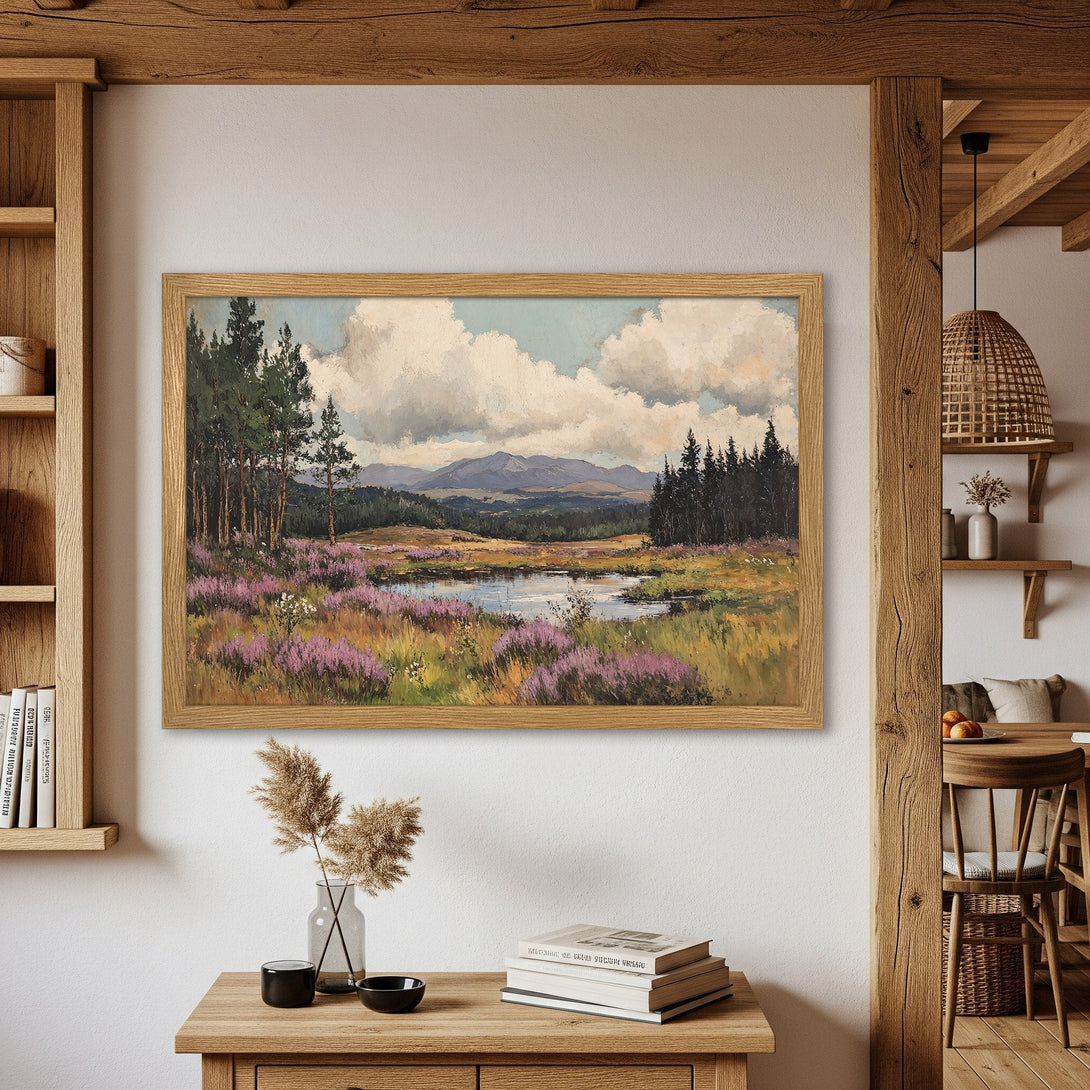Framed Poster of a serene landscape painting in a rustic style. Featuring a soft, natural color palette of greens, blues, and purples.