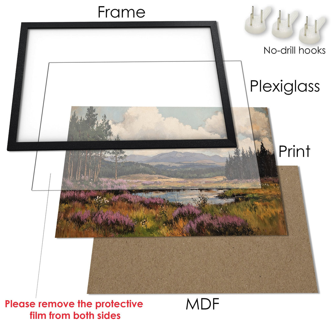 Framed Poster: Landscape art print with a black frame. Earthy tones and vibrant colors. Perfect wall decor.