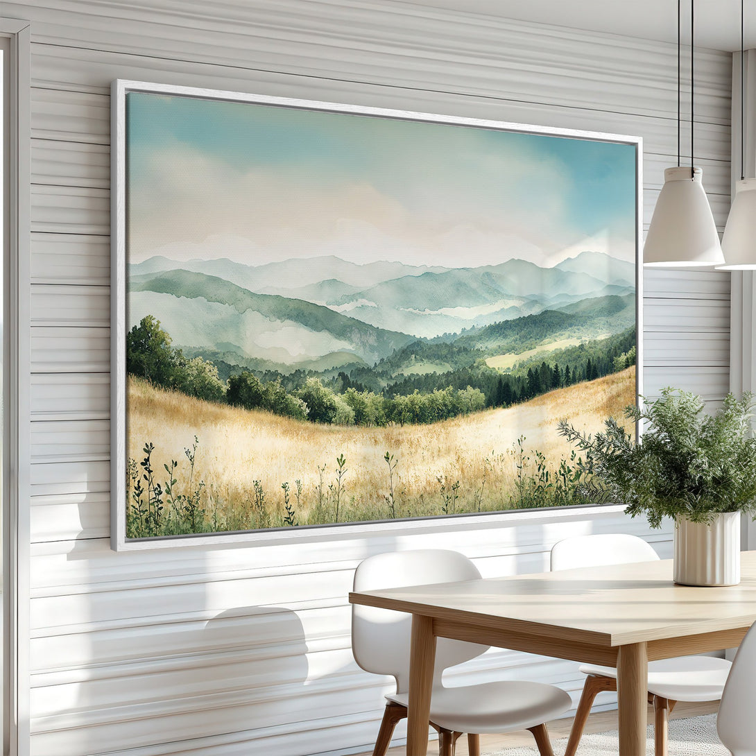 Framed Wall Art of a serene watercolor landscape. Earthy tones of green, gold, and blue create a calming atmosphere. Perfect for adding natural beauty to your home.