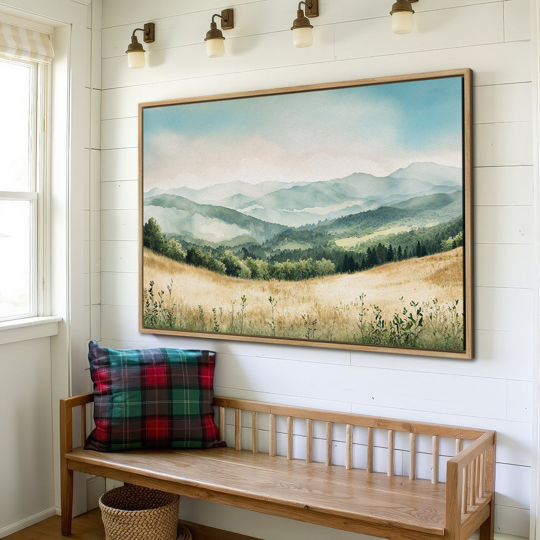 Framed Wall Art: Watercolor landscape Canvas Print in serene blue, green, and gold tones. Perfect for adding a touch of nature to your home decor.