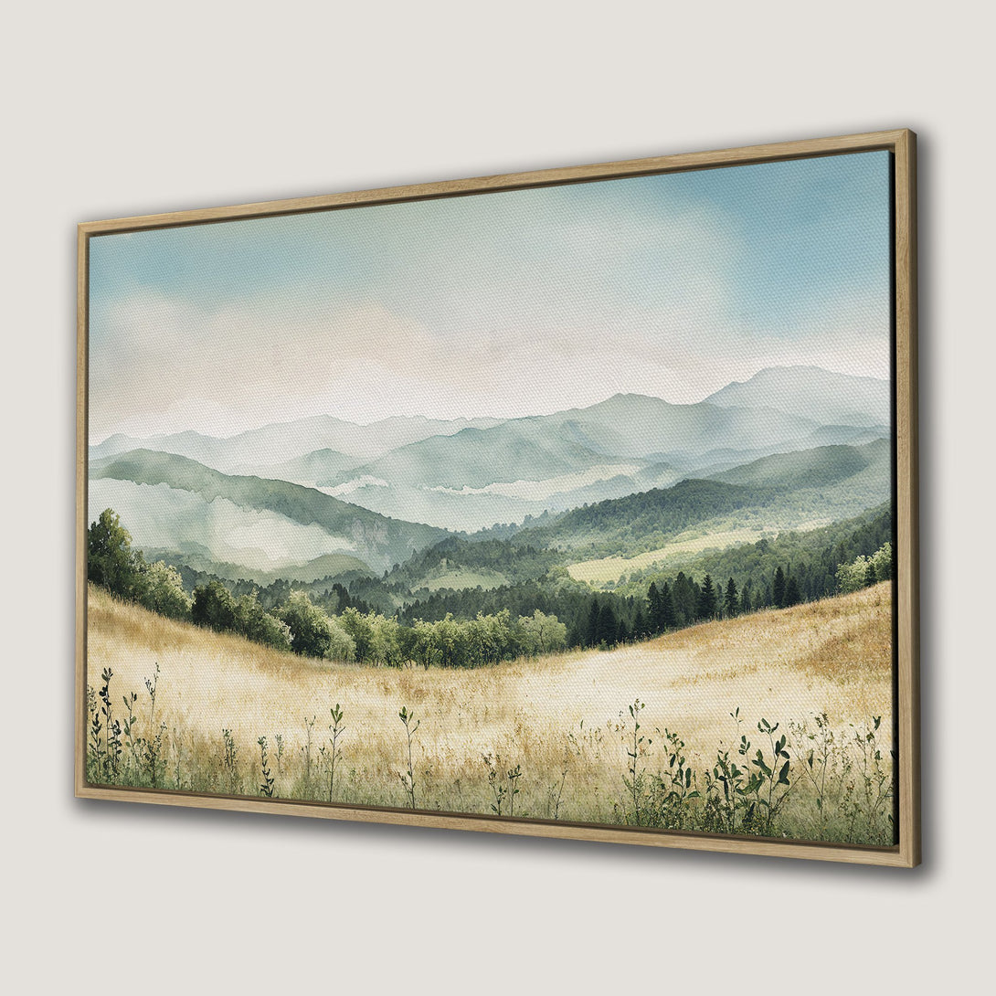 Framed Wall Art Canvas Print of a serene watercolor landscape with mountains, fields, and a calming blue and green color palette.