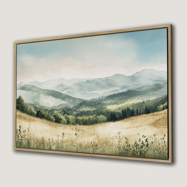 Framed Wall Art Canvas Print of a serene watercolor landscape with mountains, fields, and a calming blue and green color palette.