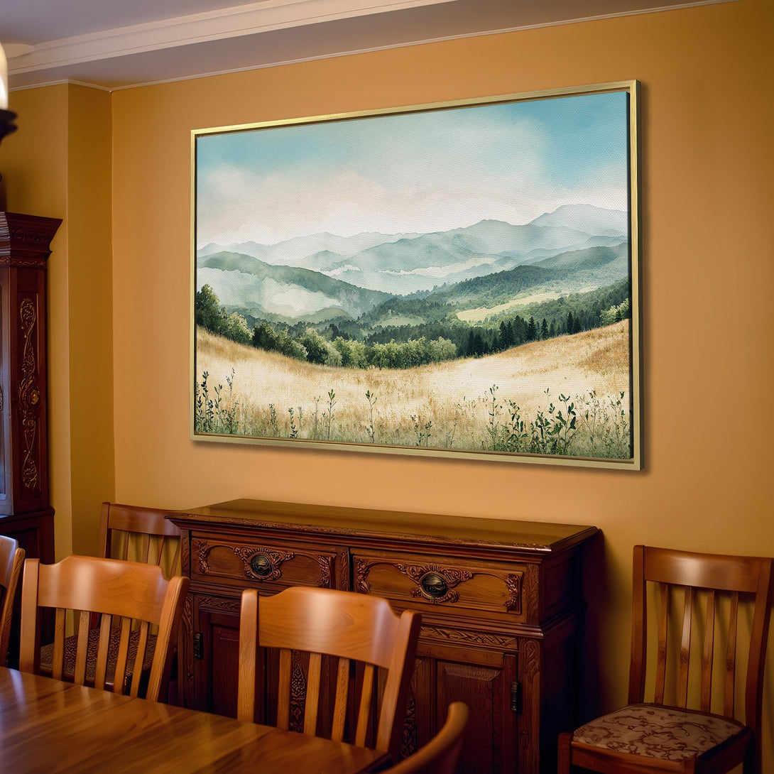 Canvas Print of a watercolor landscape painting in a neutral-toned living room. Features a serene mountain scene in muted greens and blues. Perfect wall art!