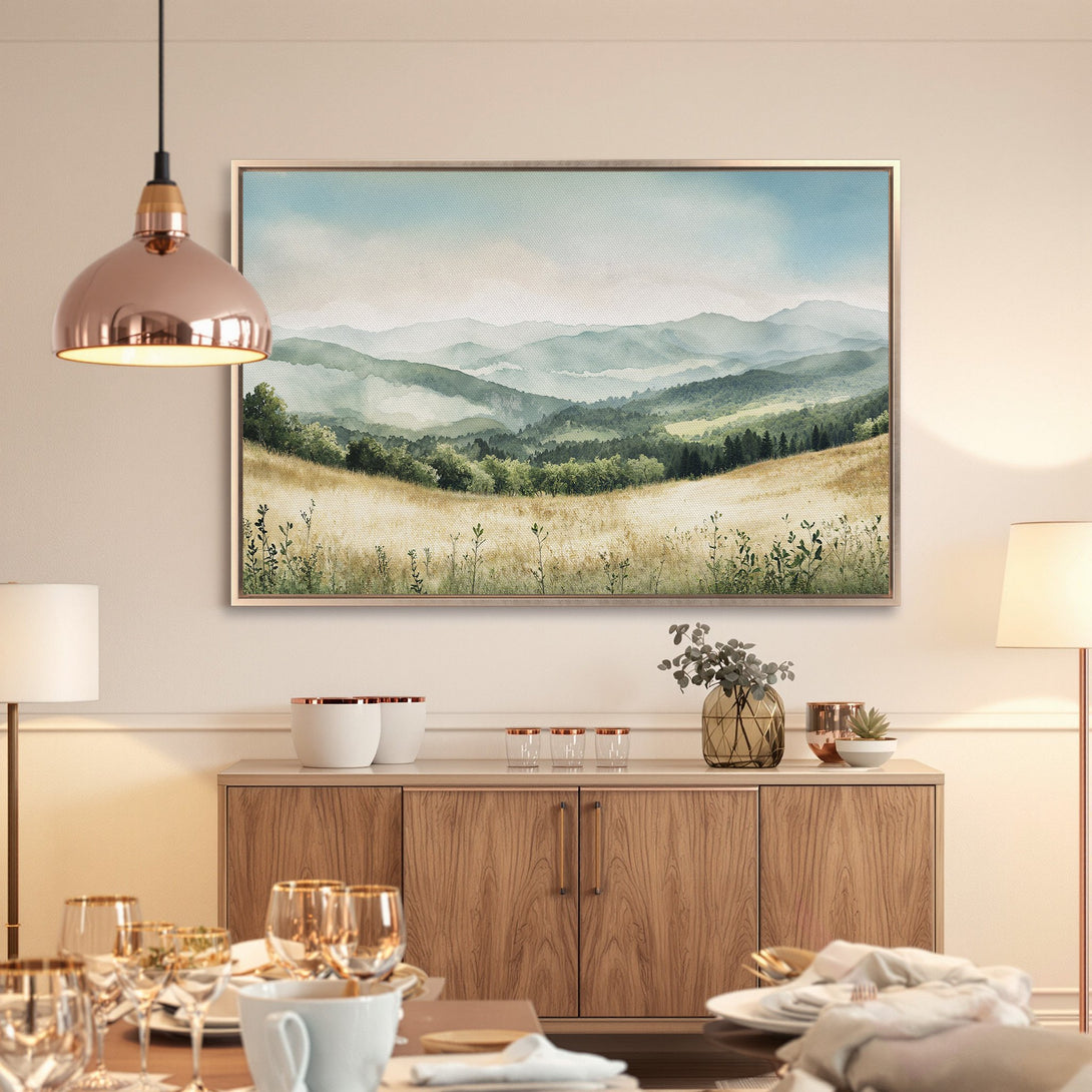 Framed Wall Art: Serene watercolor landscape Canvas Print in neutral tones. Perfect for adding a touch of nature and tranquility to your dining room.