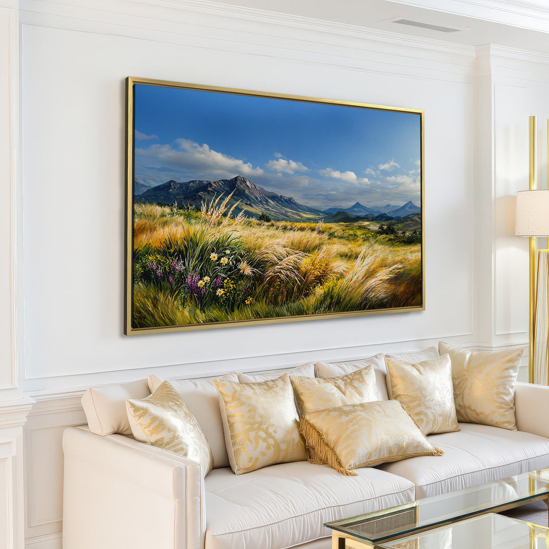Canvas Print of a serene landscape painting with mountains, fields of grass, and a blue sky. Earthy tones and a calming aesthetic.