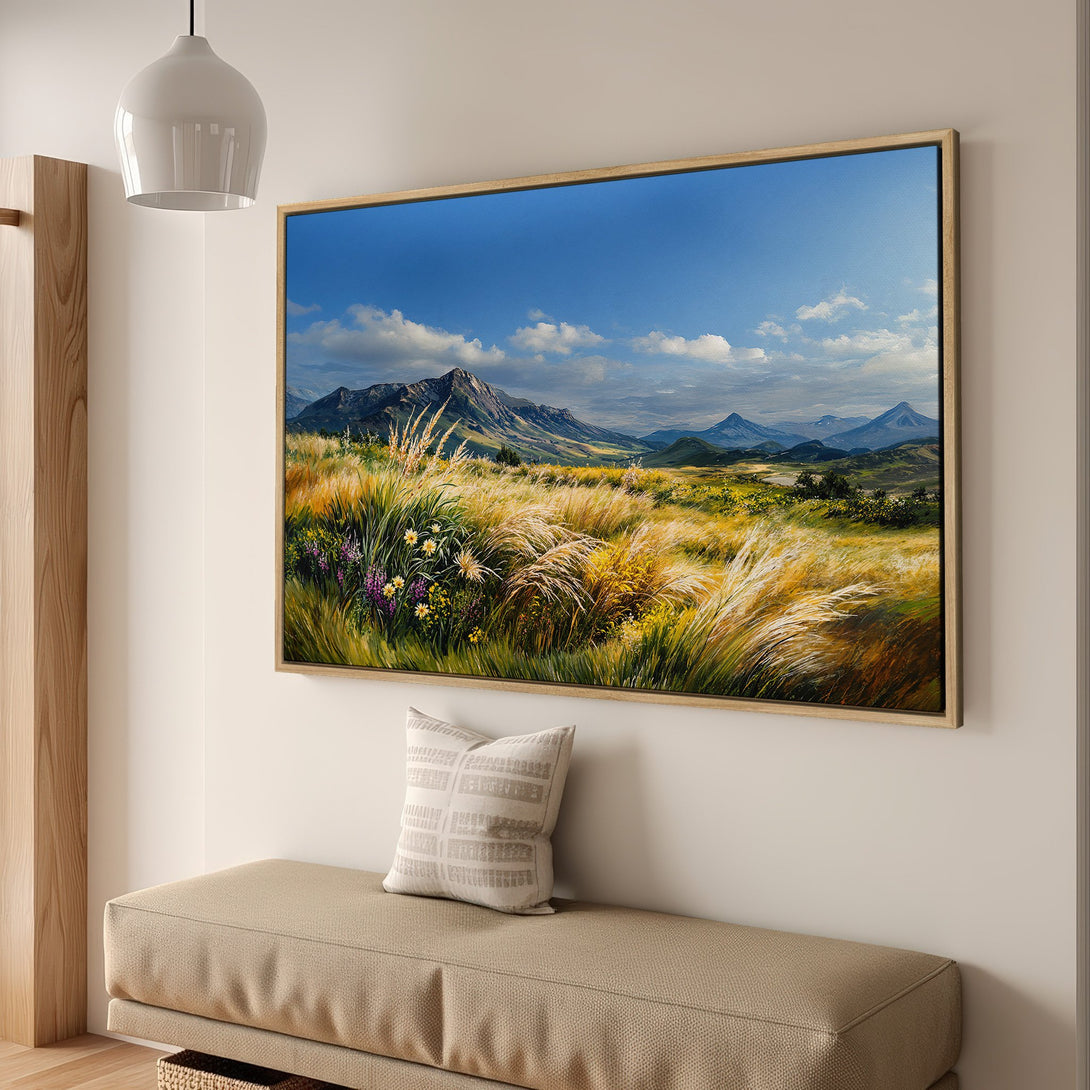 Framed Wall Art: Landscape Canvas Print with mountains and fields. Earthy tones of green, gold, and blue create a serene, natural aesthetic. Perfect for any home!