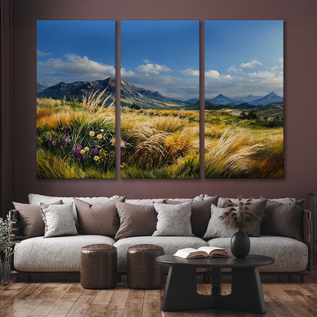 Canvas Print of a serene mountain landscape in a vibrant, impressionistic style. Features a blue sky, golden fields, and a natural color palette.