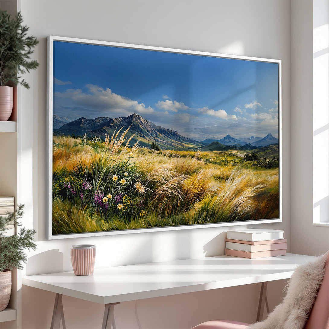 Framed Wall Art: Landscape Canvas Print with mountain view, impressionistic style, featuring blue sky, green & yellow fields. Perfect home decor.