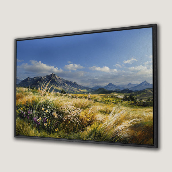 Canvas Print of a vibrant landscape painting featuring mountains and wildflowers. Warm, natural color palette in a classic style.