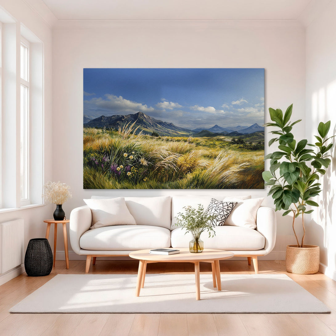 Framed Wall Art: Landscape painting with mountains, blue sky, and golden grasses. Earthy tones with a touch of gold, perfect for a luxurious interior.