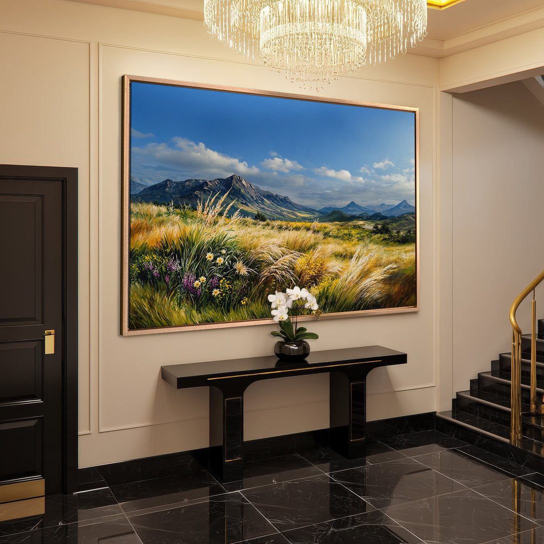 Framed Wall Art: Landscape Canvas Print with mountain view. Earthy tones and blue sky create a serene ambiance for your home decor.