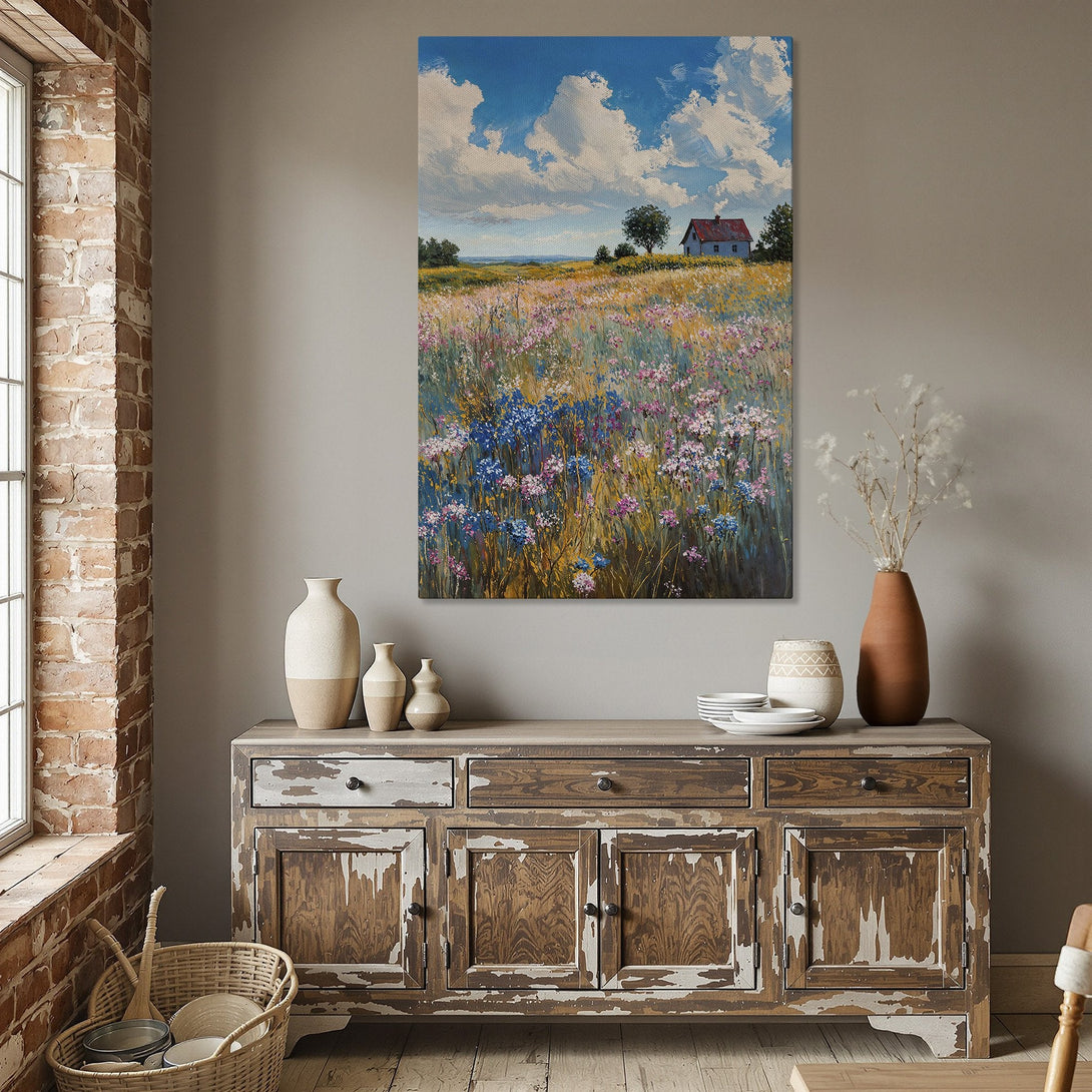 Framed Wall Art: Impressionistic landscape painting of a house in a field with blue, yellow, and pink tones. Perfect for adding a touch of nature.