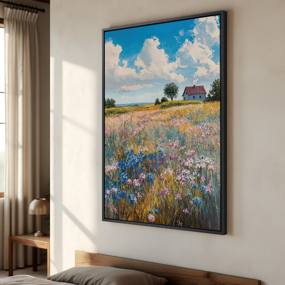 Framed Wall Art: Impressionist landscape Canvas Print with a field of wildflowers, blue sky, and a charming cottage. Beautiful color palette.