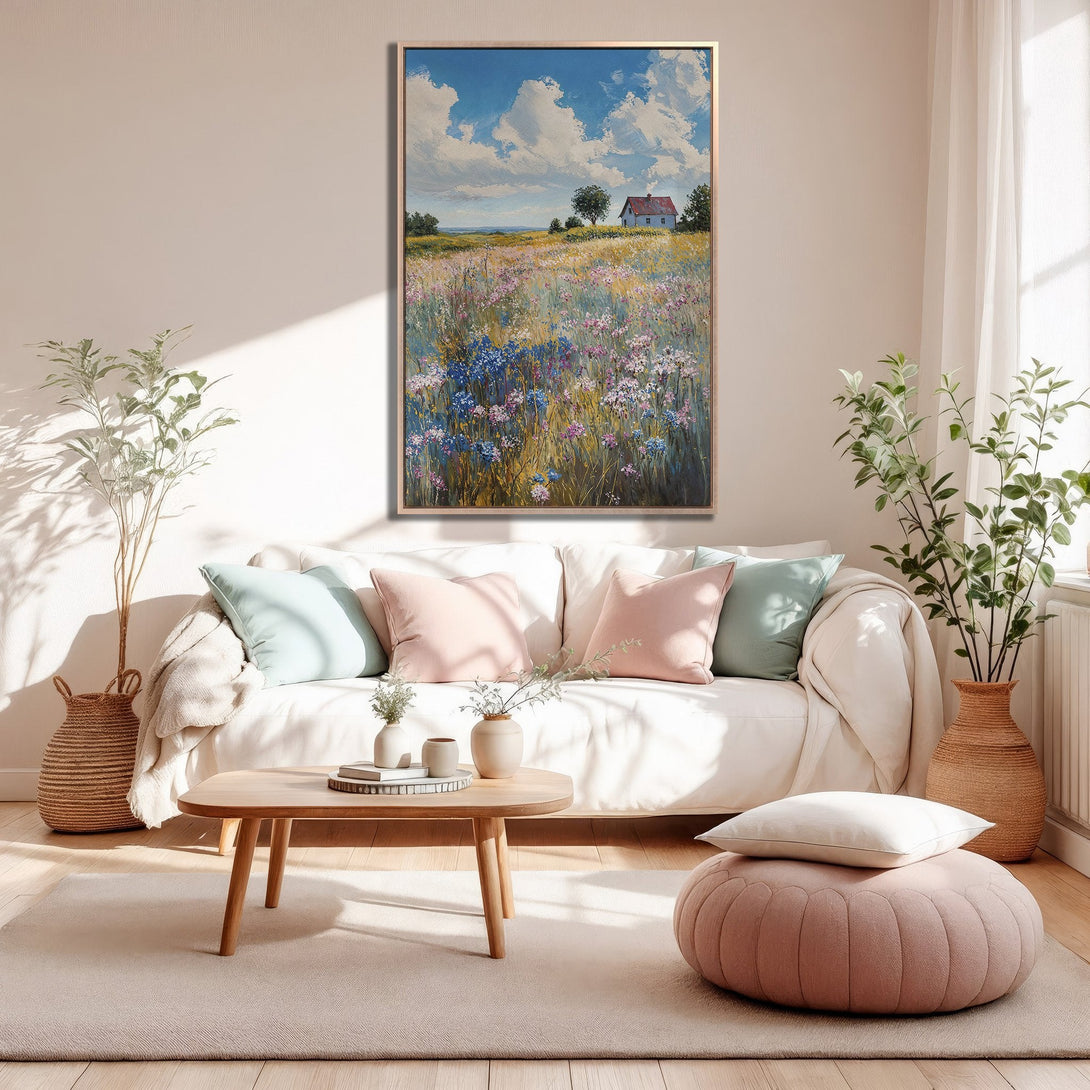 Framed Wall Art: Impressionist landscape Canvas Print with a house in a field, featuring a blue, pink, and yellow color palette. Perfect for living room decor.
