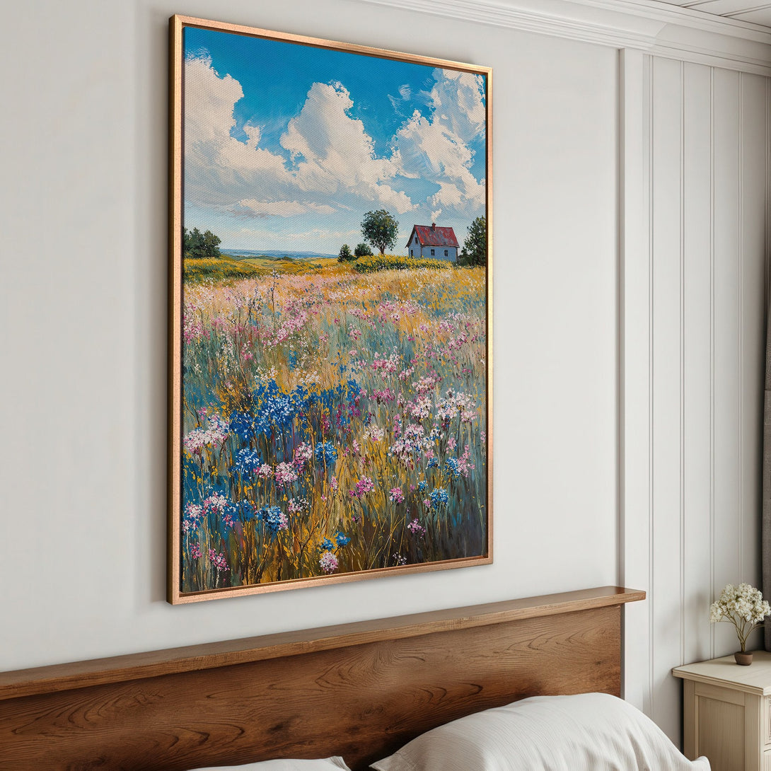 Framed Wall Art: Impressionist landscape canvas print, featuring a field of wildflowers and a blue sky. Warm, vibrant color palette perfect for any room.