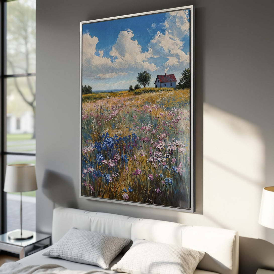 Framed Wall Art: Impressionist landscape Canvas Print with wildflowers, blue sky, and a charming cottage. Warm, inviting color palette for home decor.
