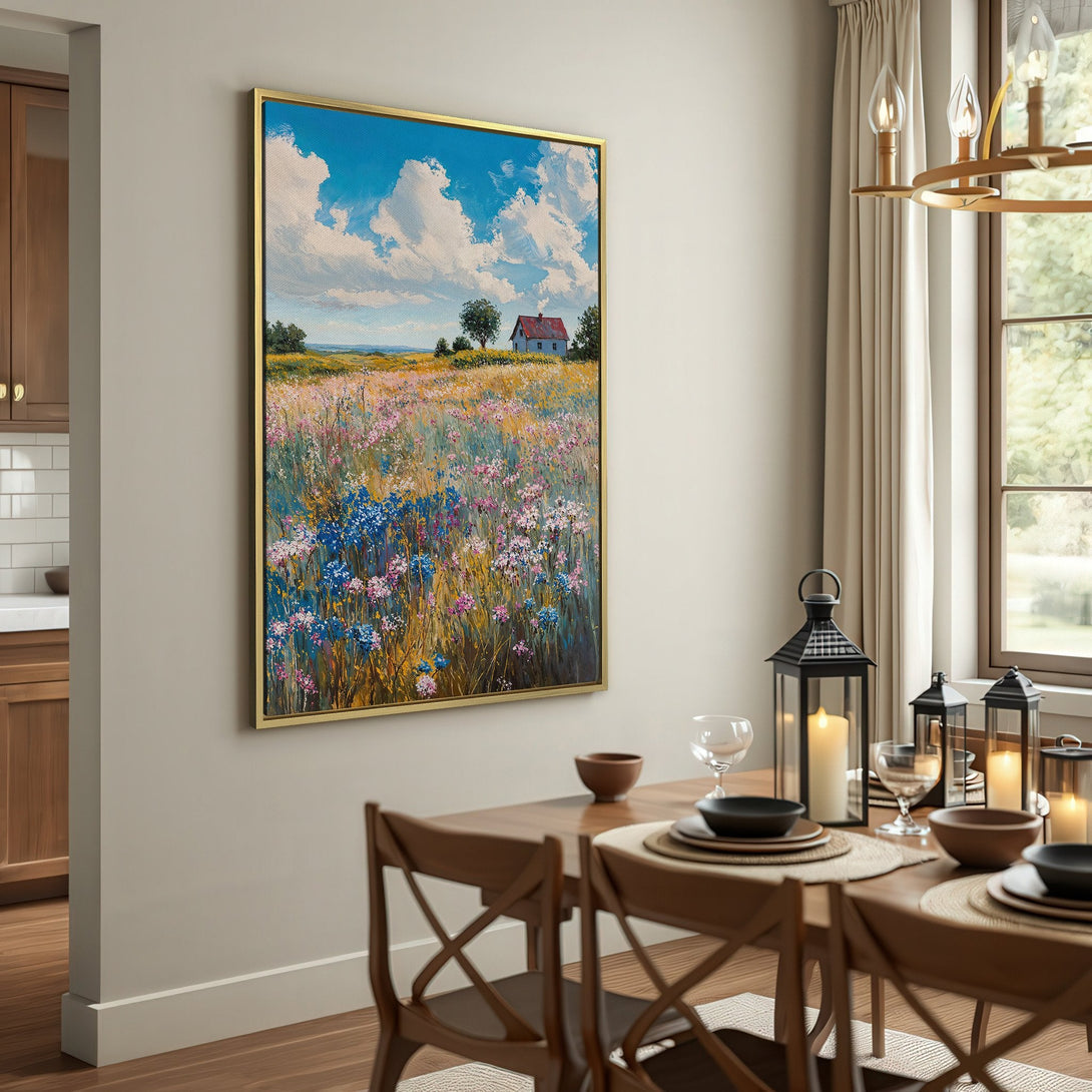 Canvas Print of a serene landscape painting with a house, featuring a blue sky, colorful wildflowers, and a warm, natural color palette.