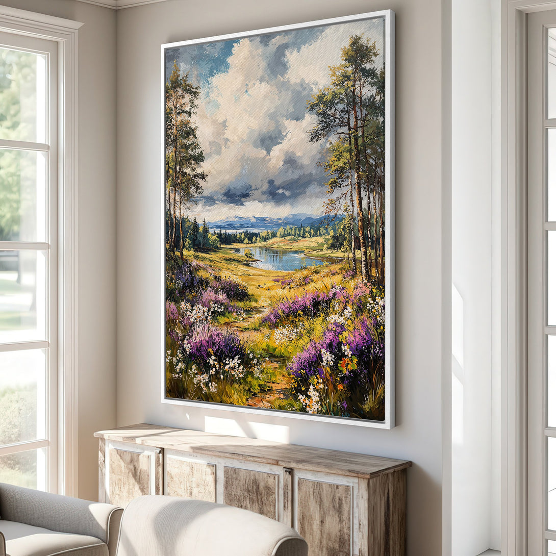 Framed Wall Art: Landscape Canvas Print with vibrant wildflowers and lake. Impressionist style with blues, greens, and purples. Perfect for home decor.