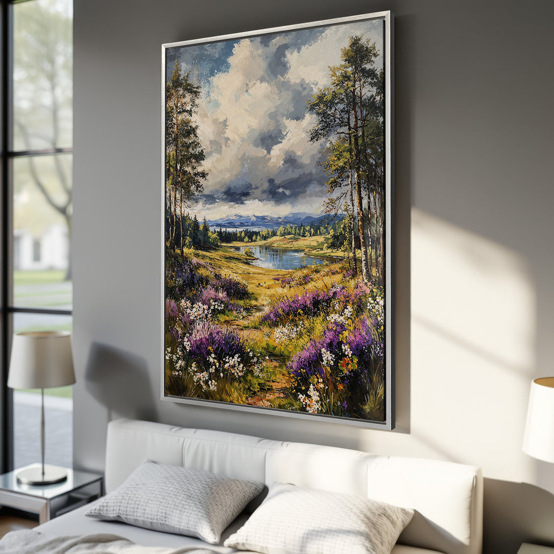 Framed Wall Art: Landscape painting with purple wildflowers and lake. Impressionistic style, serene color palette. Perfect for bedroom decor.