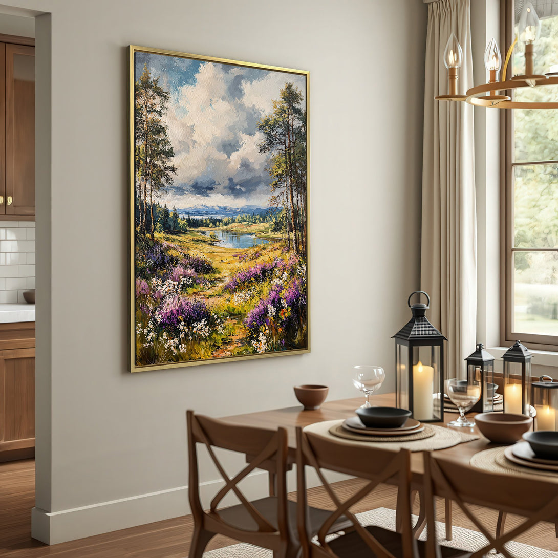 Canvas Print of a serene landscape painting with a lake, trees, and flowers. Featuring a natural color palette. Perfect for home decor.