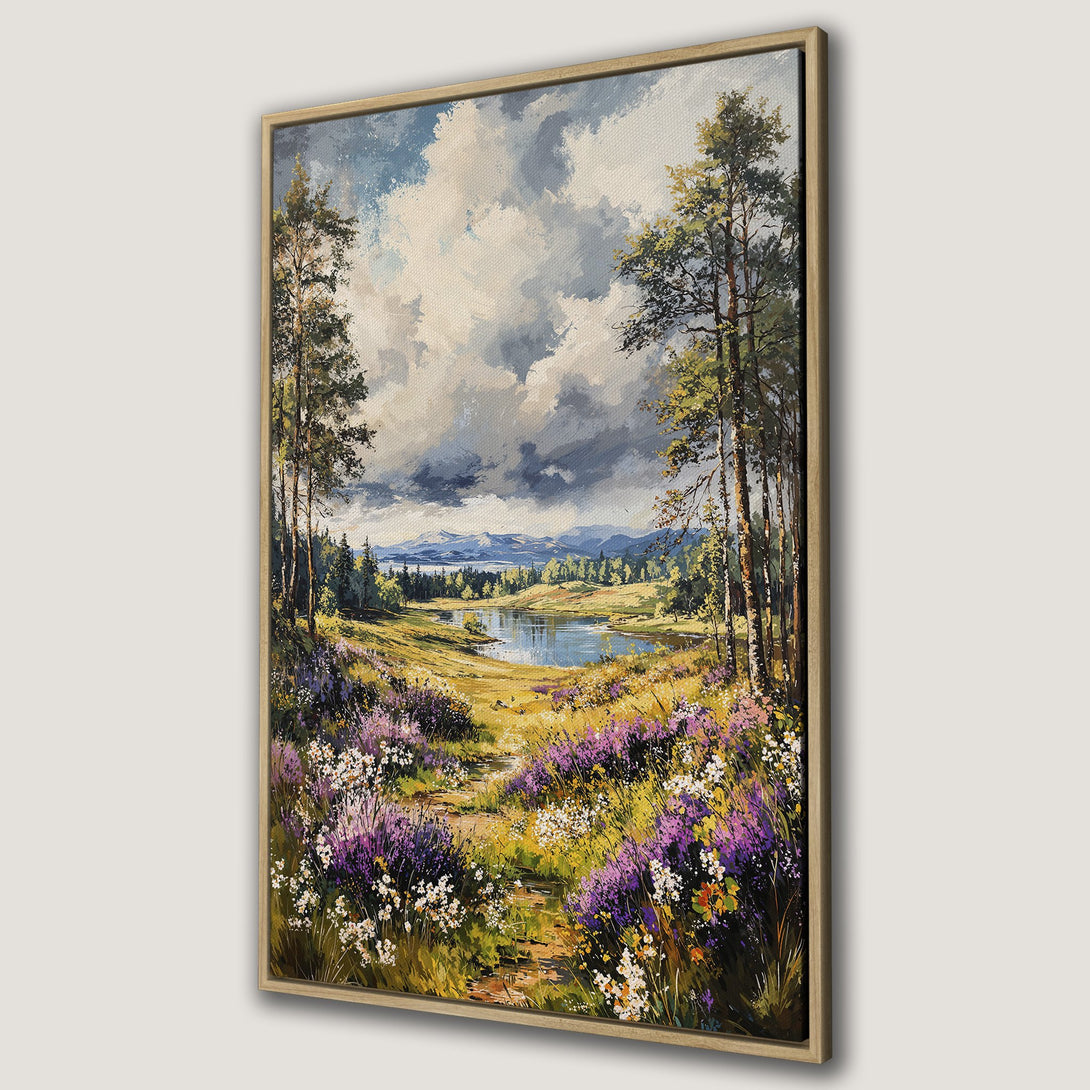 Framed Wall Art Canvas Print of a serene landscape painting. Features a lake scene with a vibrant color palette of blues, greens, purples, and yellows. Perfect wall decor.