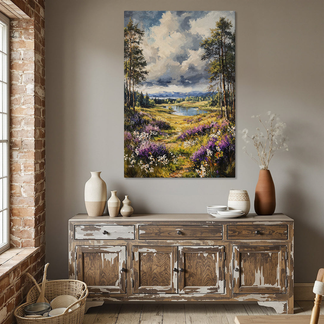 Framed Wall Art: Landscape Canvas Print with vibrant wildflowers & lake scene. Impressionist style, featuring blues, greens, & purples. Perfect for home decor.
