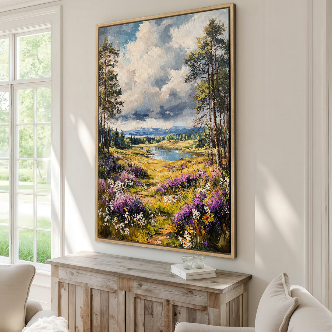 Framed Wall Art: Landscape painting with vibrant wildflowers, trees, and lake. Impressionistic style with blue, purple, and green color palette. Perfect for home decor.