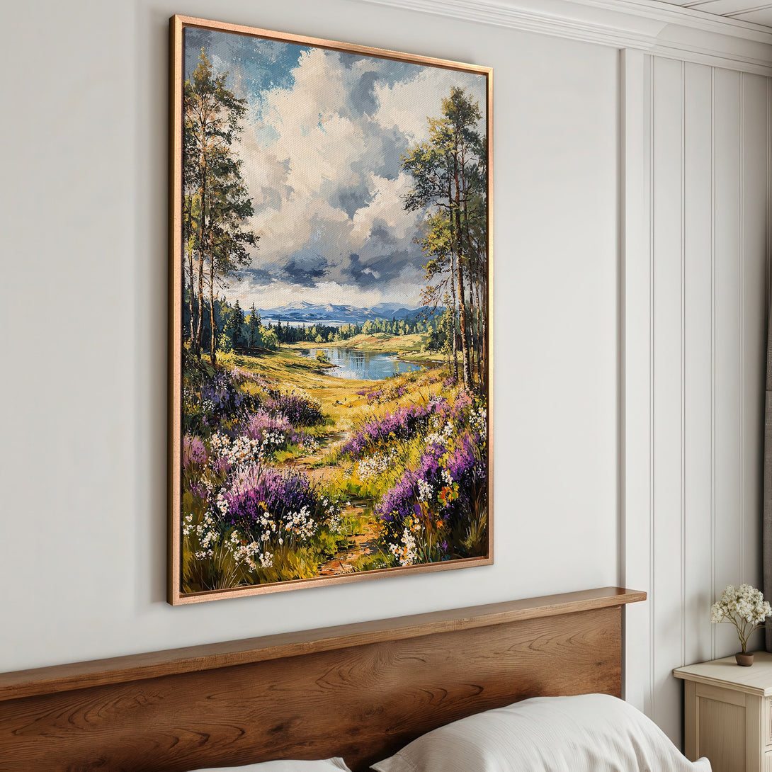 Framed Wall Art: Landscape painting with a vibrant meadow scene, featuring purple and yellow flowers. Rustic style, warm color palette, perfect for home decor.