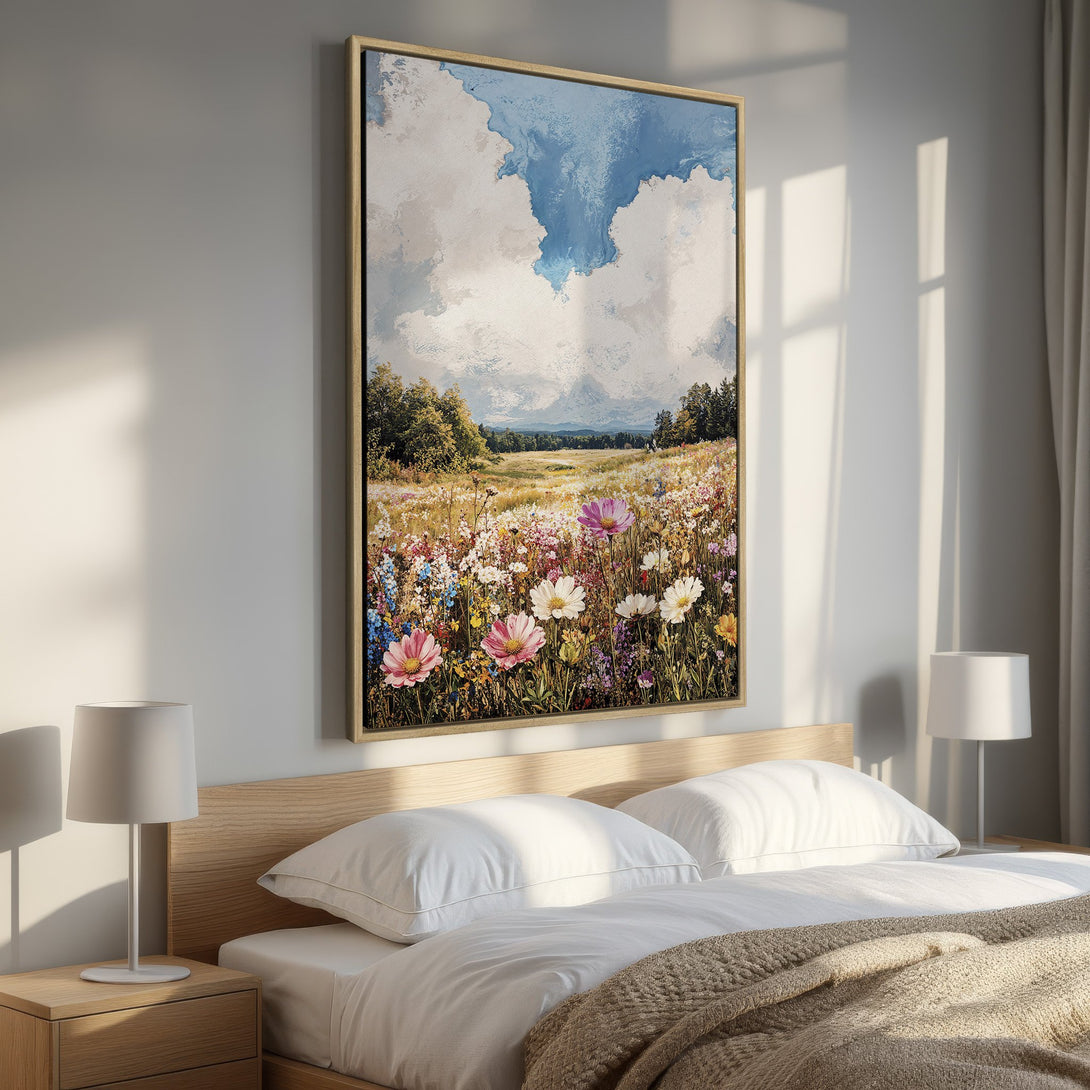 Framed Wall Art: Impressionist landscape Canvas Print with vibrant wildflowers and blue sky. Adds a touch of nature's beauty to any bedroom decor.