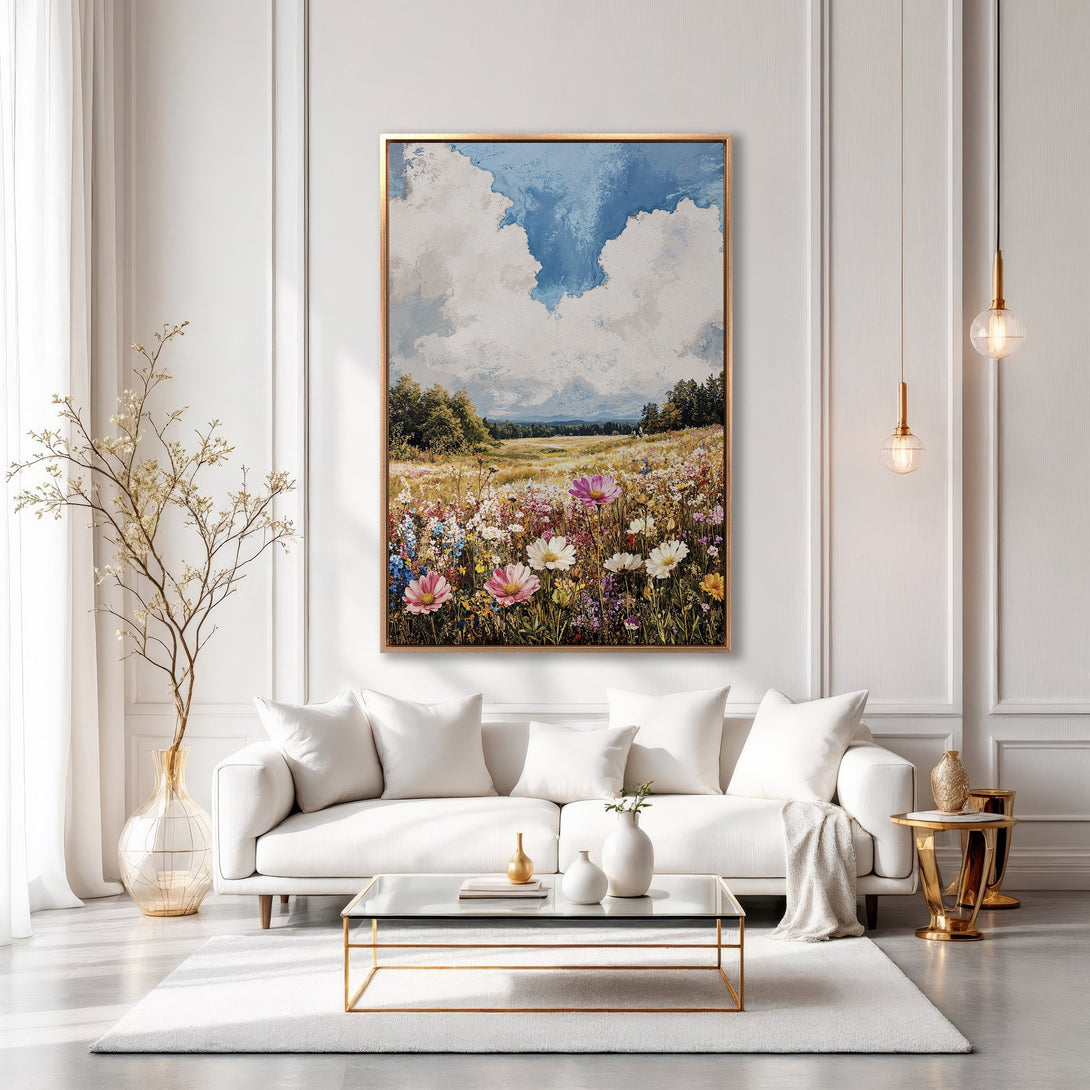 Framed Wall Art of a vibrant wildflower meadow. Impressionistic style with a blue, green, and pink color palette. Perfect for adding a touch of nature to your home.