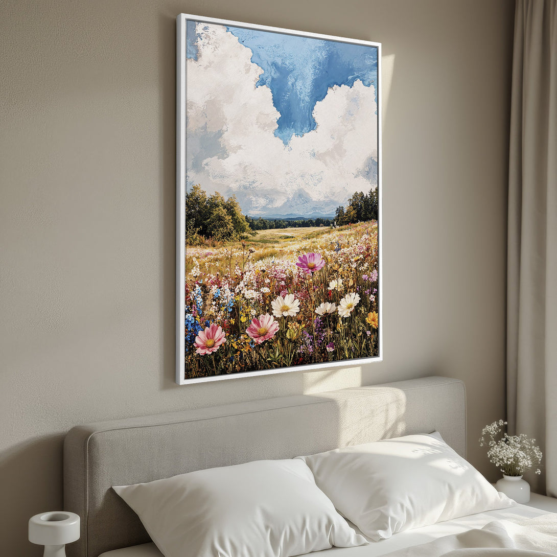 Framed Wall Art: Impressionist landscape Canvas Print with vibrant wildflowers, blue sky, and a warm, inviting color palette. Perfect for bedroom decor!
