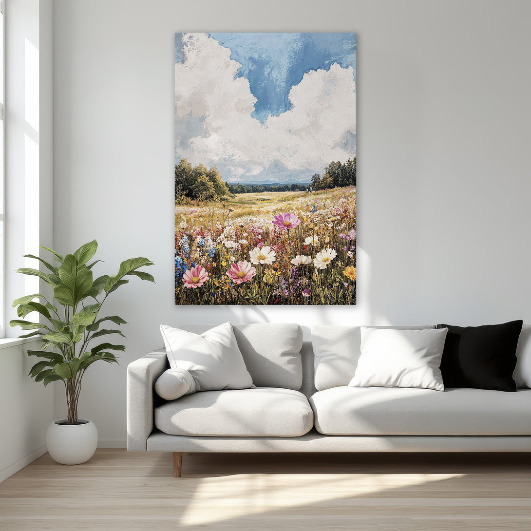 Framed Wall Art: Impressionist landscape Canvas Print with vibrant wildflowers, blue sky, and gold frame. Adds a touch of nature's beauty to your home.