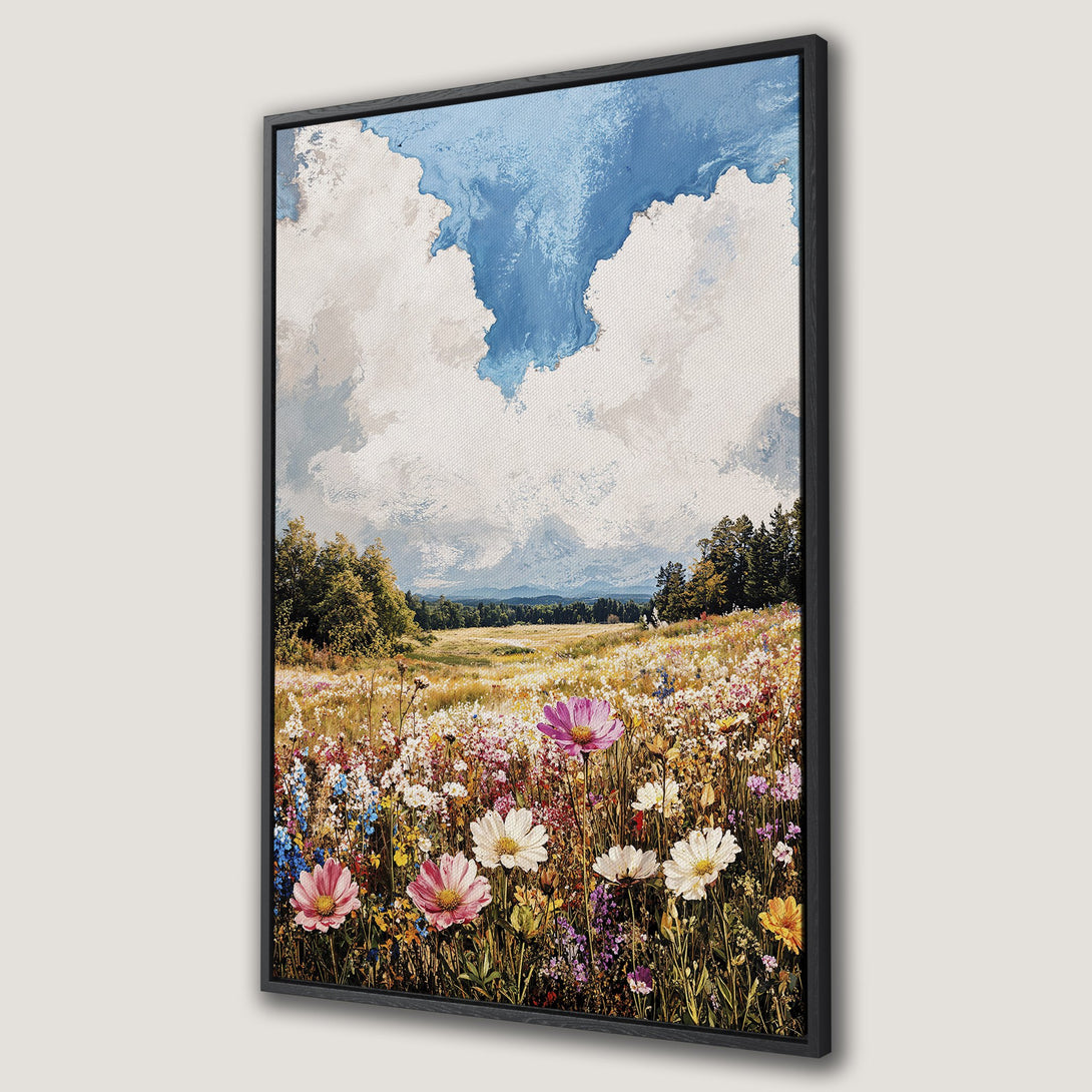 Framed Wall Art featuring a vibrant wildflower meadow landscape with a blue sky and white clouds. Impressionistic style, colorful palette.