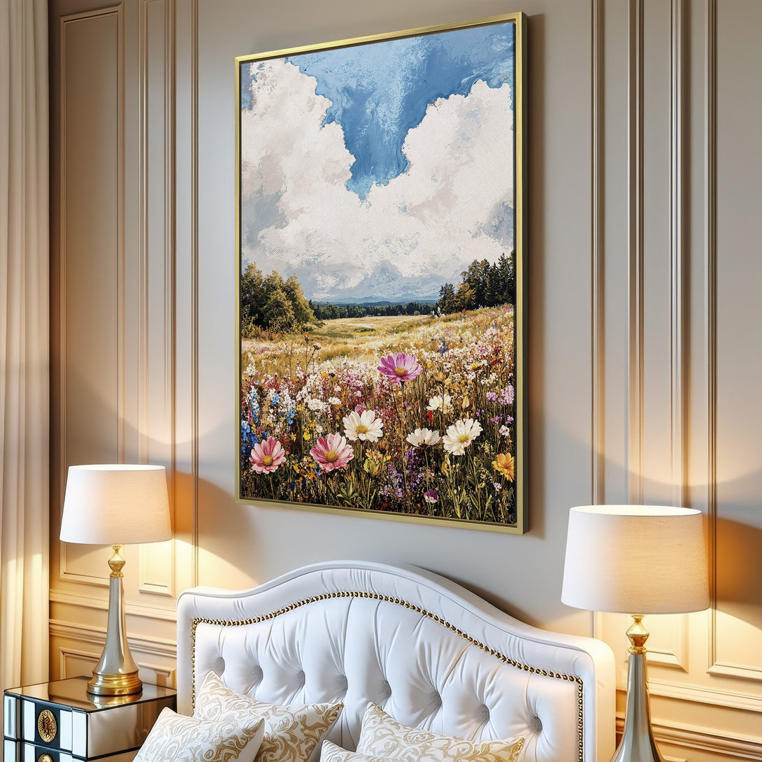 Canvas Print of a vibrant wildflower field with a blue sky, displayed in a modern living room. Features a colorful, impressionistic style.