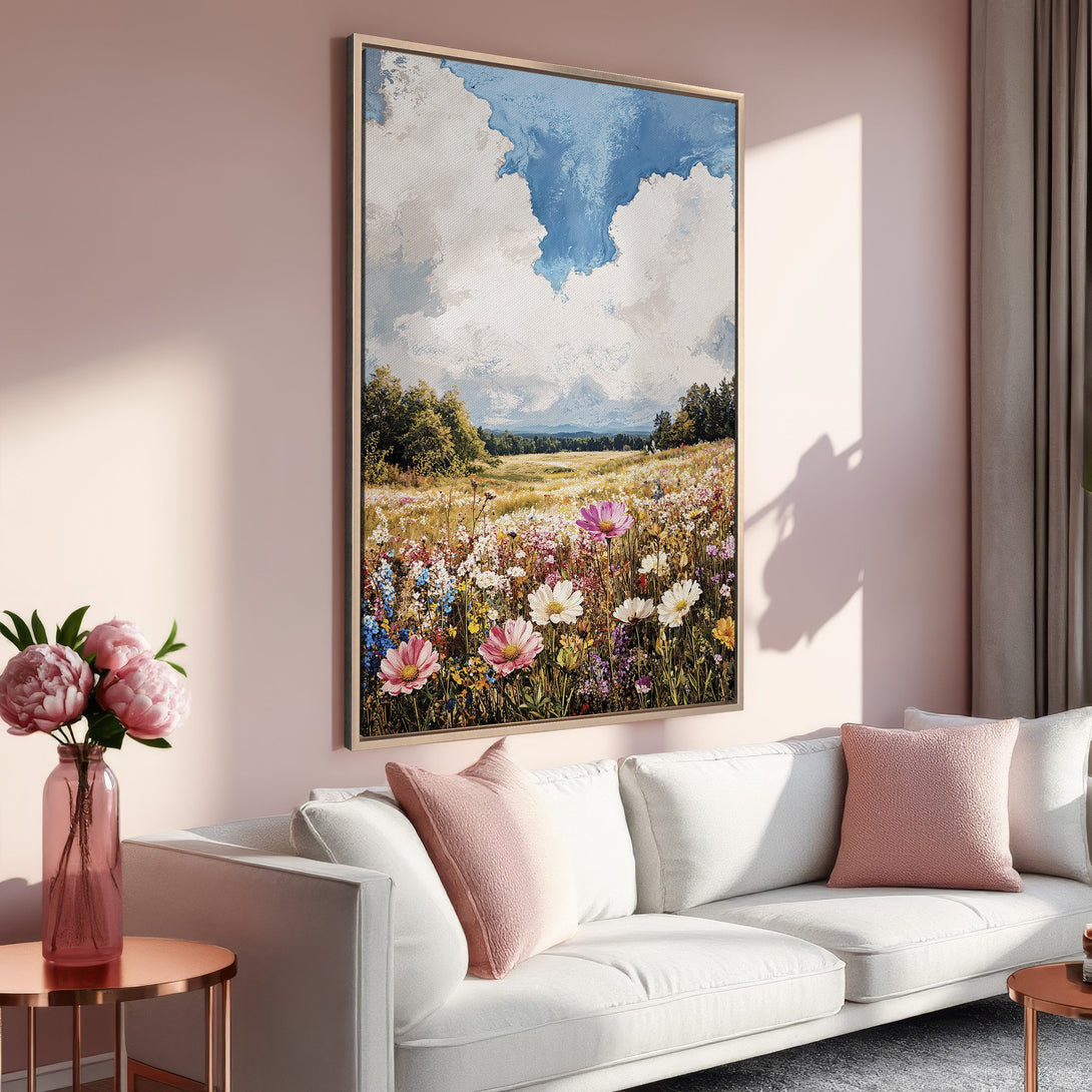 Framed Wall Art: Impressionist landscape Canvas Print with a vibrant floral meadow scene in a soft pink and blue color palette, perfect for home decor.