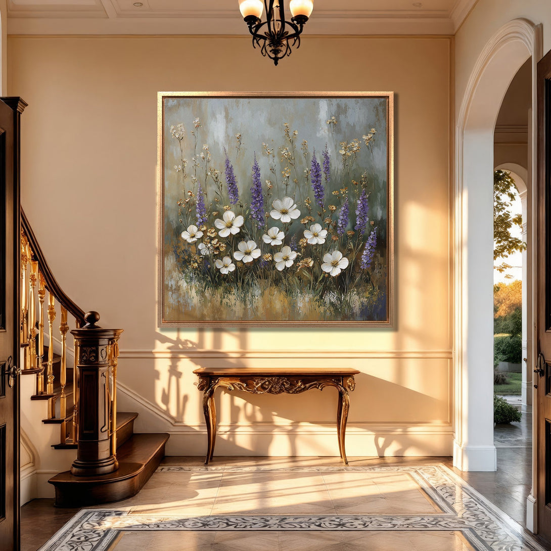 Framed Wall Art: Floral painting with white and purple flowers in a gold frame. Earthy tones create a calming and elegant interior decor.