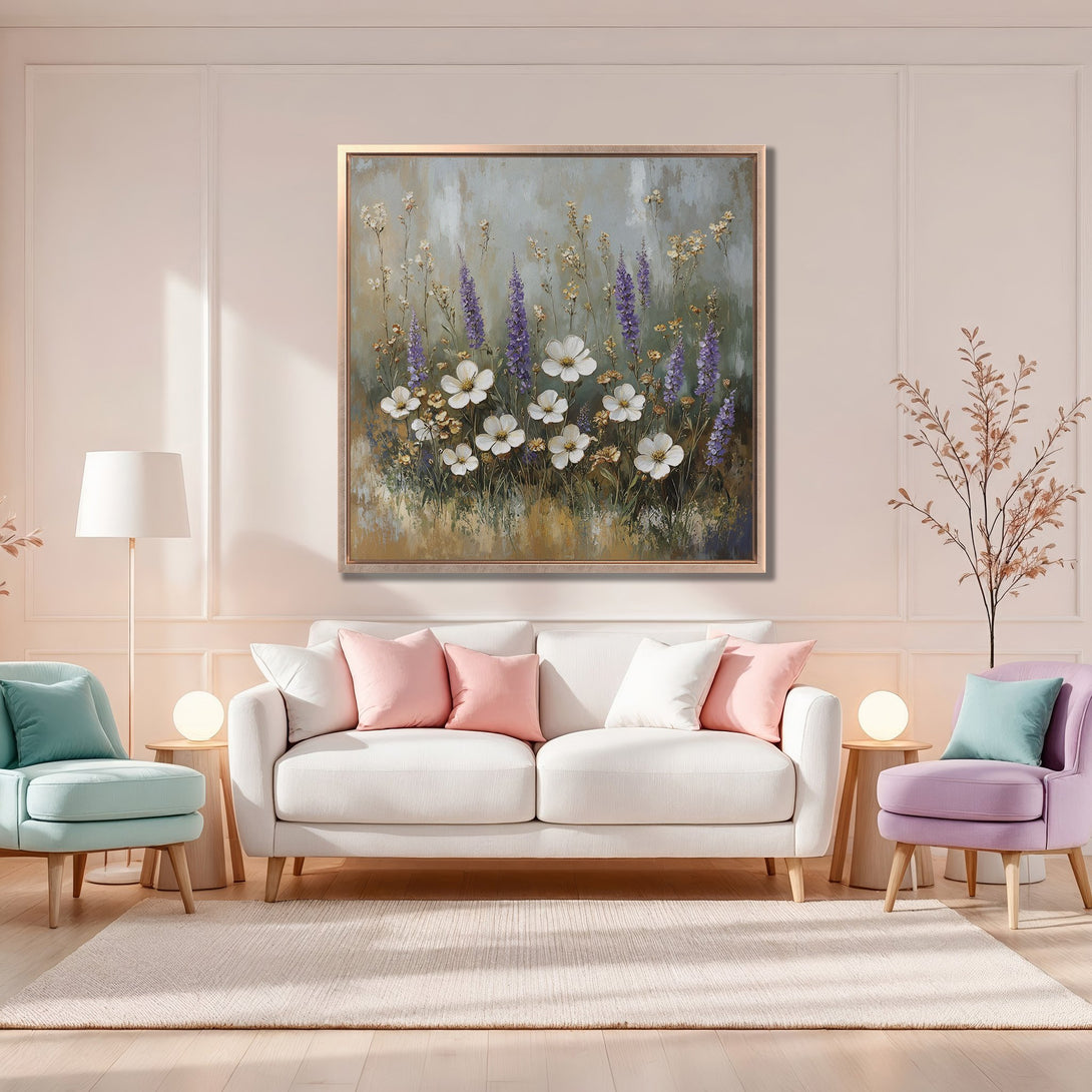 Framed Wall Art: Floral canvas print in soft, muted tones. Features white flowers, lavender accents, and a warm, neutral color palette, perfect for any interior.