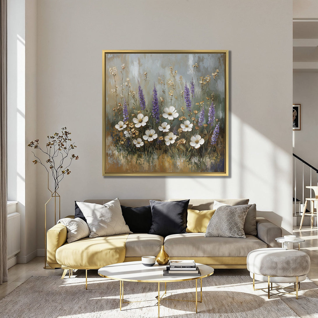 Canvas Print featuring a floral painting with white and purple blooms. Earthy color palette complements the interior design.