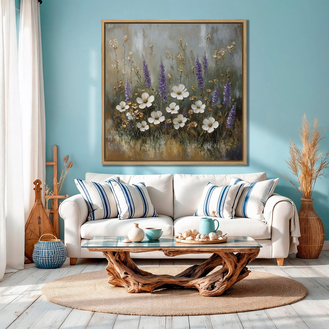 Framed Wall Art: Floral painting in a coastal-inspired living room. Features white, purple, and neutral tones. Perfect for adding a touch of nature to your space.
