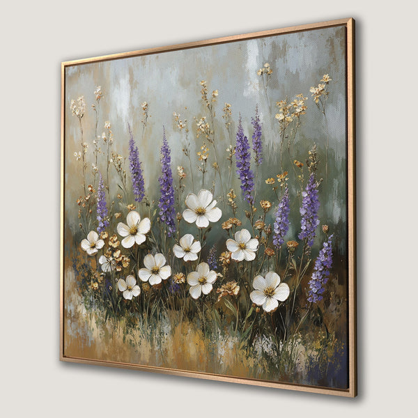 Framed Wall Art featuring a beautiful floral painting. Soft, muted color palette with white, purple, and gold tones. Perfect for adding a touch of elegance.
